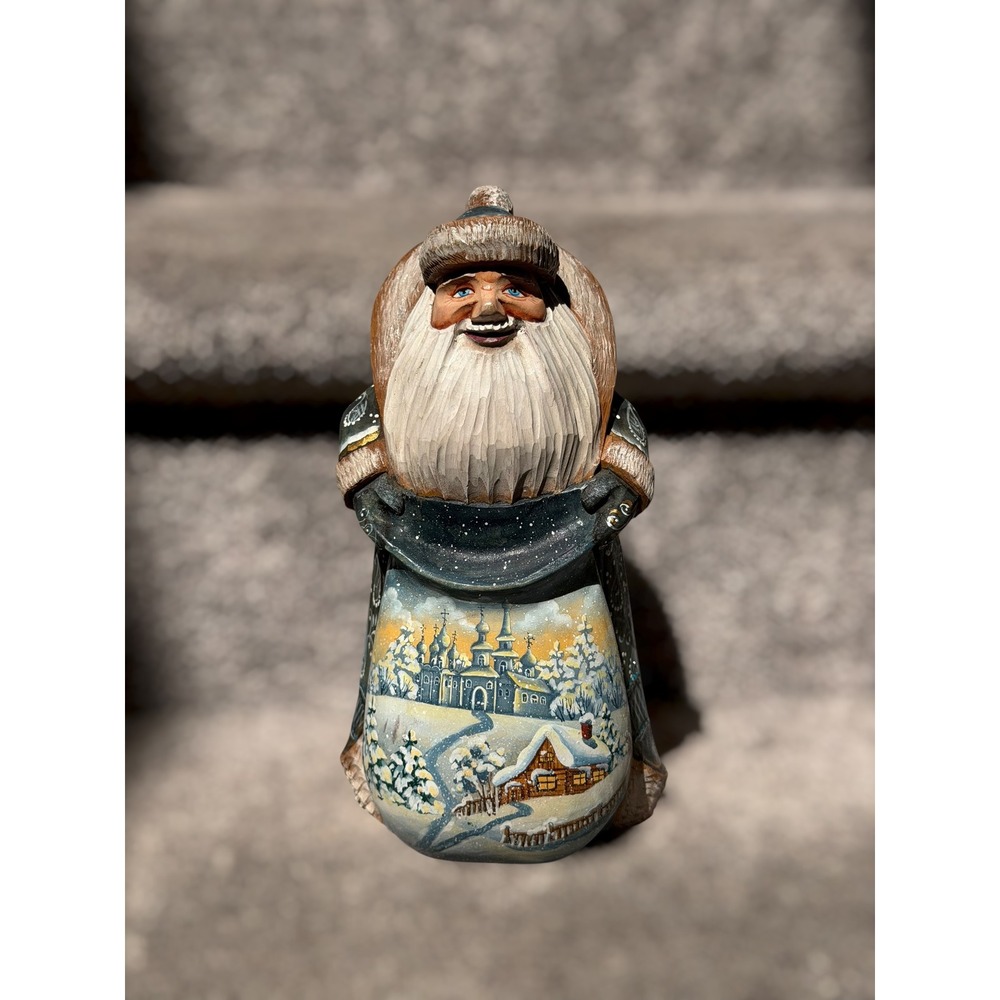 Vintage Signed Hand Carved Ded Moroz Father Frost Wooden Folk Art Soviet Era